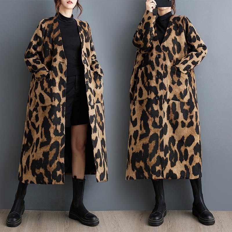 Winter Clothing Layers - Retro Moda Leopar Baskı Yün Trençkot